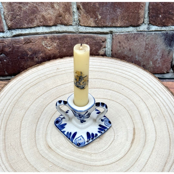 Vtg Mini Handpainted Delft Blue Ceramic Taper Candlestick Holder DBL Crown Mark - Picture 2 of 7